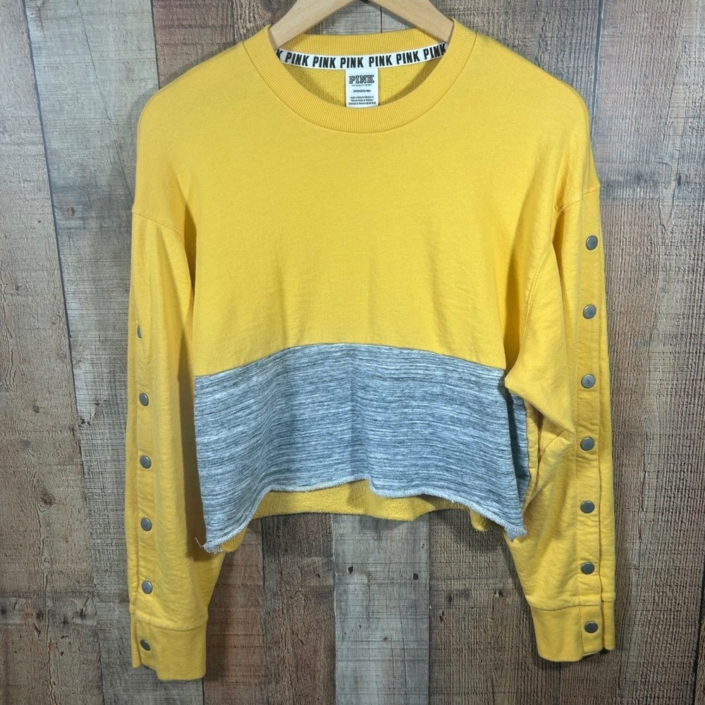 PINK Victoria's Secret Yellow Colorblock Crop Sweatshirt Oversized Small Y2K